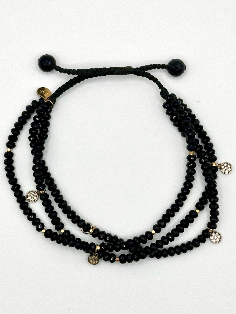Tai Triple Strand Jet Black Faceted Glass Beaded Bracelet Adjustable CZ Sparkle